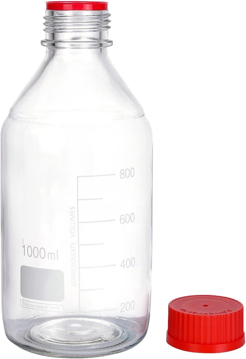 Pastein 4 Pieces 1000 mL Graduated Round Reagent Media Bottle Storage Glass Bottle with GL45 Red Screw Cap - Image 4